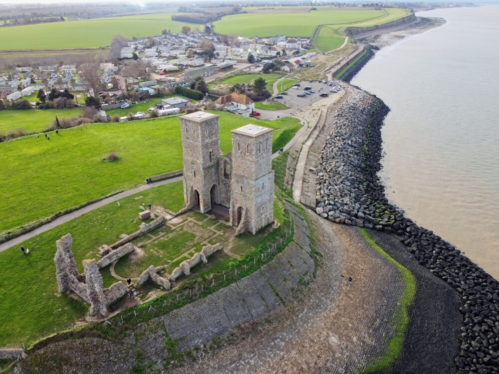 Aerial drone view of Reculver Towers and Park near Herne Bay in Kent England 1